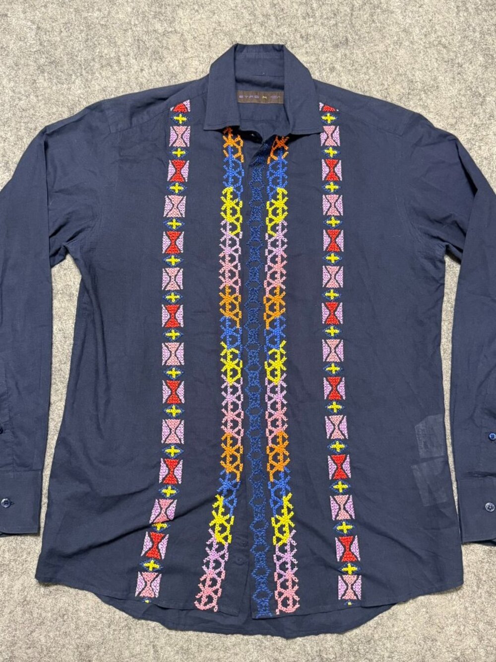 ETRO Milano Mens M Shirt Hand Embroidered Sheer Chambray Long Sleeve Navy Blue